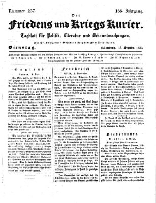 Der Friedens- u. Kriegs-Kurier (Nürnberger Friedens- und Kriegs-Kurier) Dienstag 14. September 1830