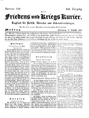 Der Friedens- u. Kriegs-Kurier (Nürnberger Friedens- und Kriegs-Kurier) Montag 27. September 1830