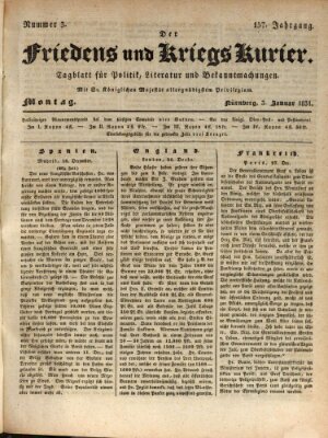 Der Friedens- u. Kriegs-Kurier (Nürnberger Friedens- und Kriegs-Kurier) Montag 3. Januar 1831