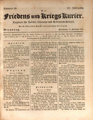 Der Friedens- u. Kriegs-Kurier (Nürnberger Friedens- und Kriegs-Kurier) Dienstag 15. Februar 1831