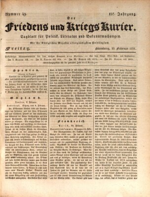 Der Friedens- u. Kriegs-Kurier (Nürnberger Friedens- und Kriegs-Kurier) Freitag 18. Februar 1831