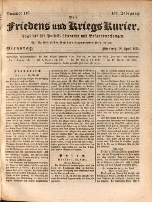 Der Friedens- u. Kriegs-Kurier (Nürnberger Friedens- und Kriegs-Kurier) Dienstag 26. April 1831