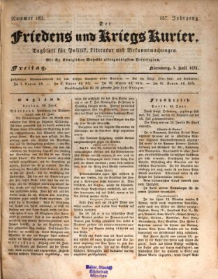 Der Friedens- u. Kriegs-Kurier (Nürnberger Friedens- und Kriegs-Kurier) Freitag 1. Juli 1831