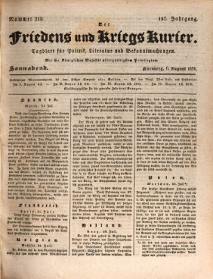 Der Friedens- u. Kriegs-Kurier (Nürnberger Friedens- und Kriegs-Kurier) Samstag 6. August 1831