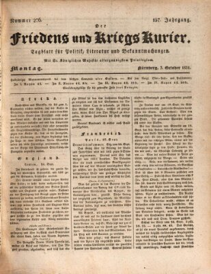 Der Friedens- u. Kriegs-Kurier (Nürnberger Friedens- und Kriegs-Kurier) Montag 3. Oktober 1831