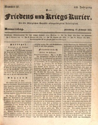 Der Friedens- u. Kriegs-Kurier (Nürnberger Friedens- und Kriegs-Kurier) Donnerstag 16. Februar 1832