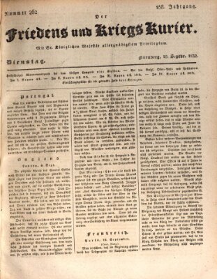 Der Friedens- u. Kriegs-Kurier (Nürnberger Friedens- und Kriegs-Kurier) Dienstag 18. September 1832