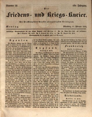 Der Friedens- u. Kriegs-Kurier (Nürnberger Friedens- und Kriegs-Kurier) Montag 17. Februar 1834