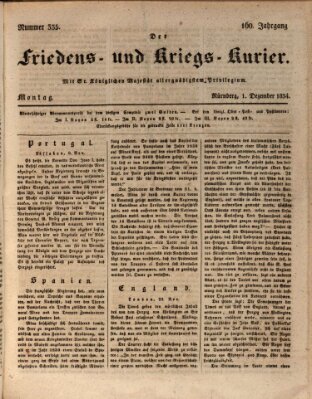 Der Friedens- u. Kriegs-Kurier (Nürnberger Friedens- und Kriegs-Kurier) Montag 1. Dezember 1834