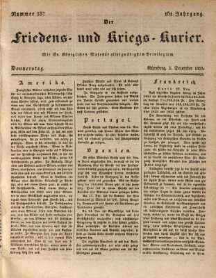 Der Friedens- u. Kriegs-Kurier (Nürnberger Friedens- und Kriegs-Kurier) Donnerstag 3. Dezember 1835