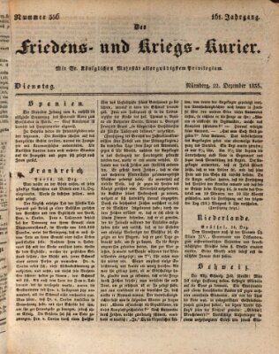 Der Friedens- u. Kriegs-Kurier (Nürnberger Friedens- und Kriegs-Kurier) Dienstag 22. Dezember 1835