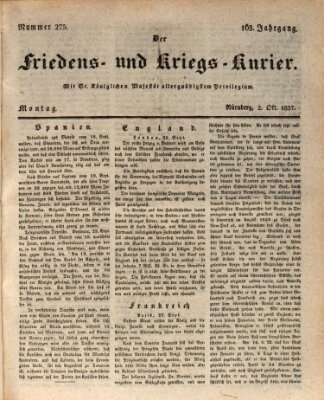 Der Friedens- u. Kriegs-Kurier (Nürnberger Friedens- und Kriegs-Kurier) Montag 2. Oktober 1837