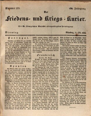 Der Friedens- u. Kriegs-Kurier (Nürnberger Friedens- und Kriegs-Kurier) Dienstag 2. Oktober 1838