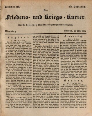 Der Friedens- u. Kriegs-Kurier (Nürnberger Friedens- und Kriegs-Kurier) Dienstag 12. November 1839