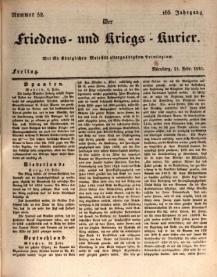 Der Friedens- u. Kriegs-Kurier (Nürnberger Friedens- und Kriegs-Kurier) Freitag 21. Februar 1840