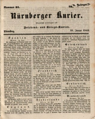 Nürnberger Kurier (Nürnberger Friedens- und Kriegs-Kurier) Dienstag 31. Januar 1843