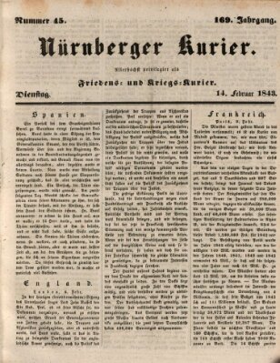 Nürnberger Kurier (Nürnberger Friedens- und Kriegs-Kurier) Dienstag 14. Februar 1843