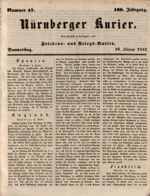 Nürnberger Kurier (Nürnberger Friedens- und Kriegs-Kurier) Donnerstag 16. Februar 1843