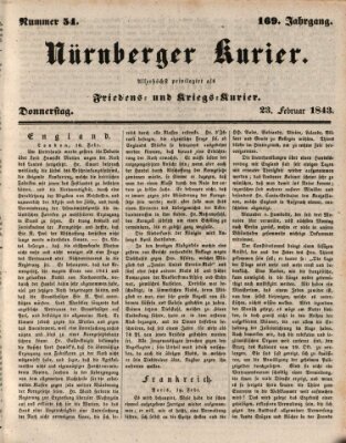 Nürnberger Kurier (Nürnberger Friedens- und Kriegs-Kurier) Donnerstag 23. Februar 1843