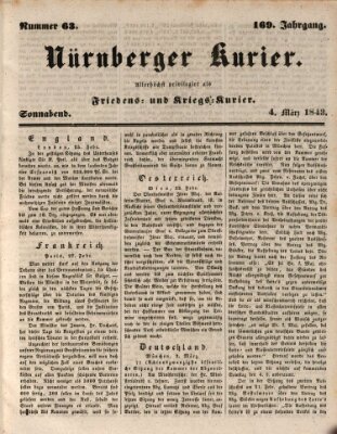 Nürnberger Kurier (Nürnberger Friedens- und Kriegs-Kurier) Samstag 4. März 1843