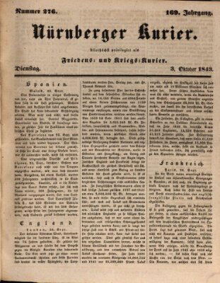 Nürnberger Kurier (Nürnberger Friedens- und Kriegs-Kurier) Dienstag 3. Oktober 1843