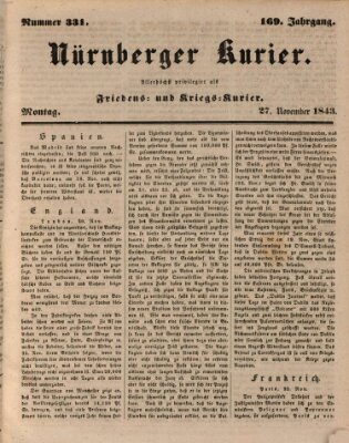 Nürnberger Kurier (Nürnberger Friedens- und Kriegs-Kurier) Montag 27. November 1843