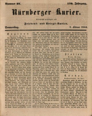 Nürnberger Kurier (Nürnberger Friedens- und Kriegs-Kurier) Donnerstag 1. Februar 1844