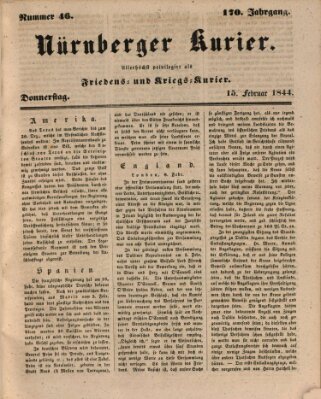 Nürnberger Kurier (Nürnberger Friedens- und Kriegs-Kurier) Donnerstag 15. Februar 1844