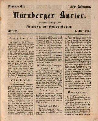 Nürnberger Kurier (Nürnberger Friedens- und Kriegs-Kurier) Freitag 1. März 1844