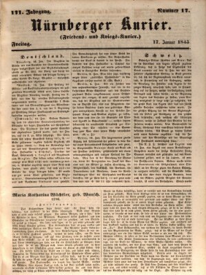 Nürnberger Kurier (Nürnberger Friedens- und Kriegs-Kurier) Freitag 17. Januar 1845