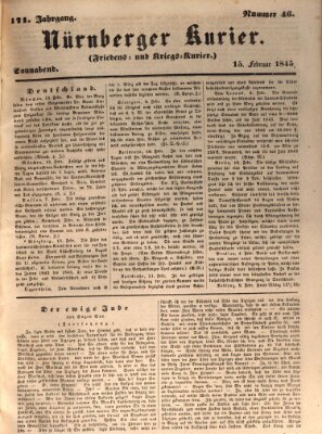 Nürnberger Kurier (Nürnberger Friedens- und Kriegs-Kurier) Samstag 15. Februar 1845