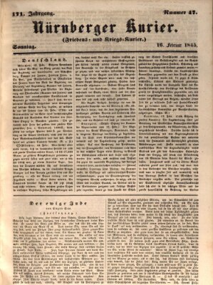 Nürnberger Kurier (Nürnberger Friedens- und Kriegs-Kurier) Sonntag 16. Februar 1845