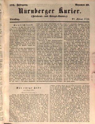 Nürnberger Kurier (Nürnberger Friedens- und Kriegs-Kurier) Dienstag 18. Februar 1845