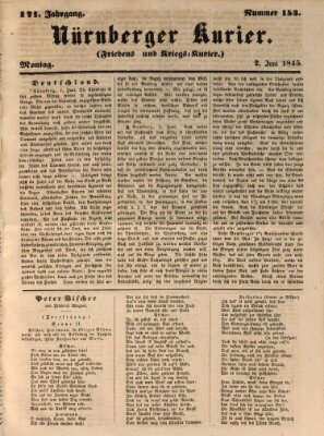 Nürnberger Kurier (Nürnberger Friedens- und Kriegs-Kurier) Montag 2. Juni 1845