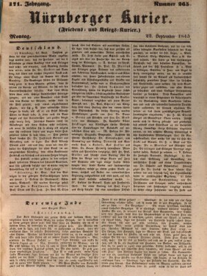 Nürnberger Kurier (Nürnberger Friedens- und Kriegs-Kurier) Montag 22. September 1845