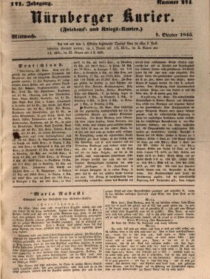 Nürnberger Kurier (Nürnberger Friedens- und Kriegs-Kurier) Mittwoch 1. Oktober 1845