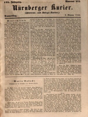 Nürnberger Kurier (Nürnberger Friedens- und Kriegs-Kurier) Donnerstag 2. Oktober 1845