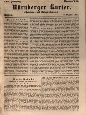 Nürnberger Kurier (Nürnberger Friedens- und Kriegs-Kurier) Freitag 3. Oktober 1845