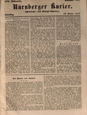 Nürnberger Kurier (Nürnberger Friedens- und Kriegs-Kurier) Dienstag 14. Oktober 1845