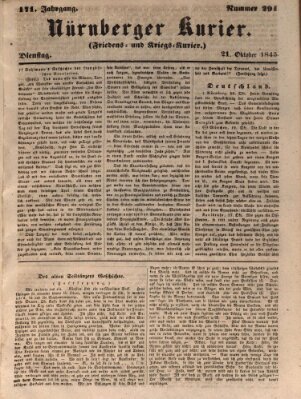 Nürnberger Kurier (Nürnberger Friedens- und Kriegs-Kurier) Dienstag 21. Oktober 1845