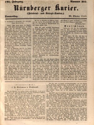 Nürnberger Kurier (Nürnberger Friedens- und Kriegs-Kurier) Donnerstag 30. Oktober 1845