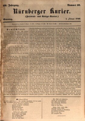 Nürnberger Kurier (Nürnberger Friedens- und Kriegs-Kurier) Sonntag 1. Februar 1846