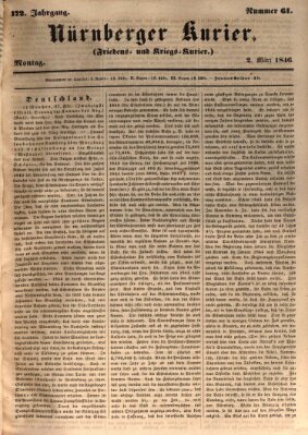 Nürnberger Kurier (Nürnberger Friedens- und Kriegs-Kurier) Montag 2. März 1846