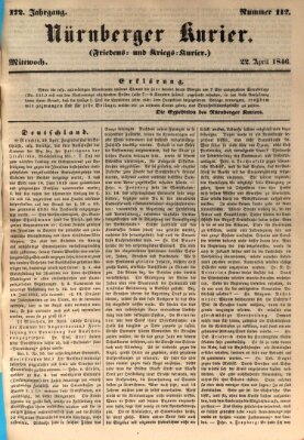 Nürnberger Kurier (Nürnberger Friedens- und Kriegs-Kurier) Wednesday 22. April 1846