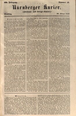 Nürnberger Kurier (Nürnberger Friedens- und Kriegs-Kurier) Dienstag 16. Februar 1847