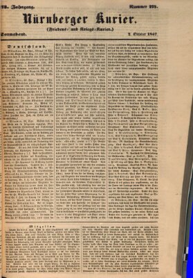 Nürnberger Kurier (Nürnberger Friedens- und Kriegs-Kurier) Samstag 2. Oktober 1847