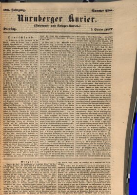 Nürnberger Kurier (Nürnberger Friedens- und Kriegs-Kurier) Dienstag 5. Oktober 1847