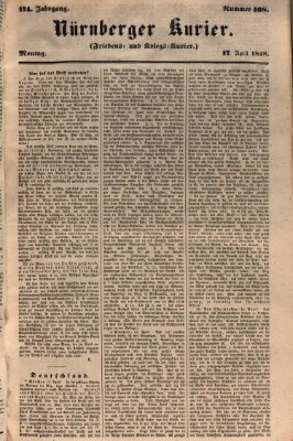 Nürnberger Kurier (Nürnberger Friedens- und Kriegs-Kurier) Montag 17. April 1848