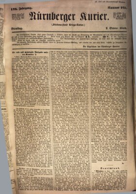 Nürnberger Kurier (Nürnberger Friedens- und Kriegs-Kurier) Dienstag 2. Oktober 1849