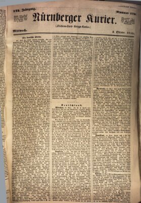 Nürnberger Kurier (Nürnberger Friedens- und Kriegs-Kurier) Mittwoch 3. Oktober 1849